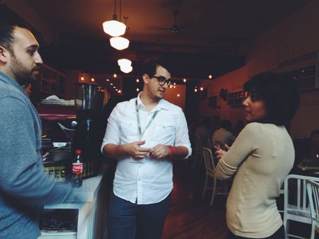 Speaking with conference presenters at Aggregate Conference