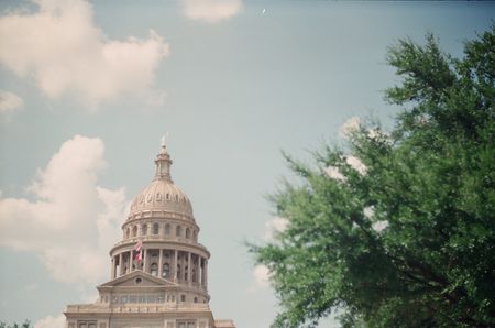 The Texas State Capitol dome seen from a low angle with a tree in right corner.